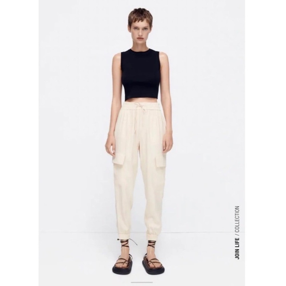 Zara Womens High Waisted Cargo Jogger Pants Khaki Beige Small Drawstring Utility